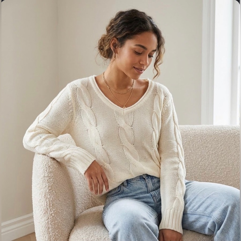 Vero moda | white oversized braided knit v-neck sweater | size XL